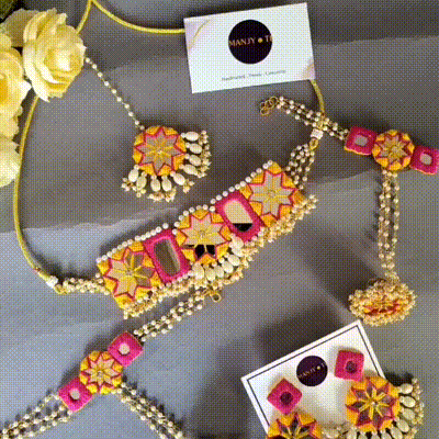 Haldi jewellery full set of earring, necklace and behndi with new shade